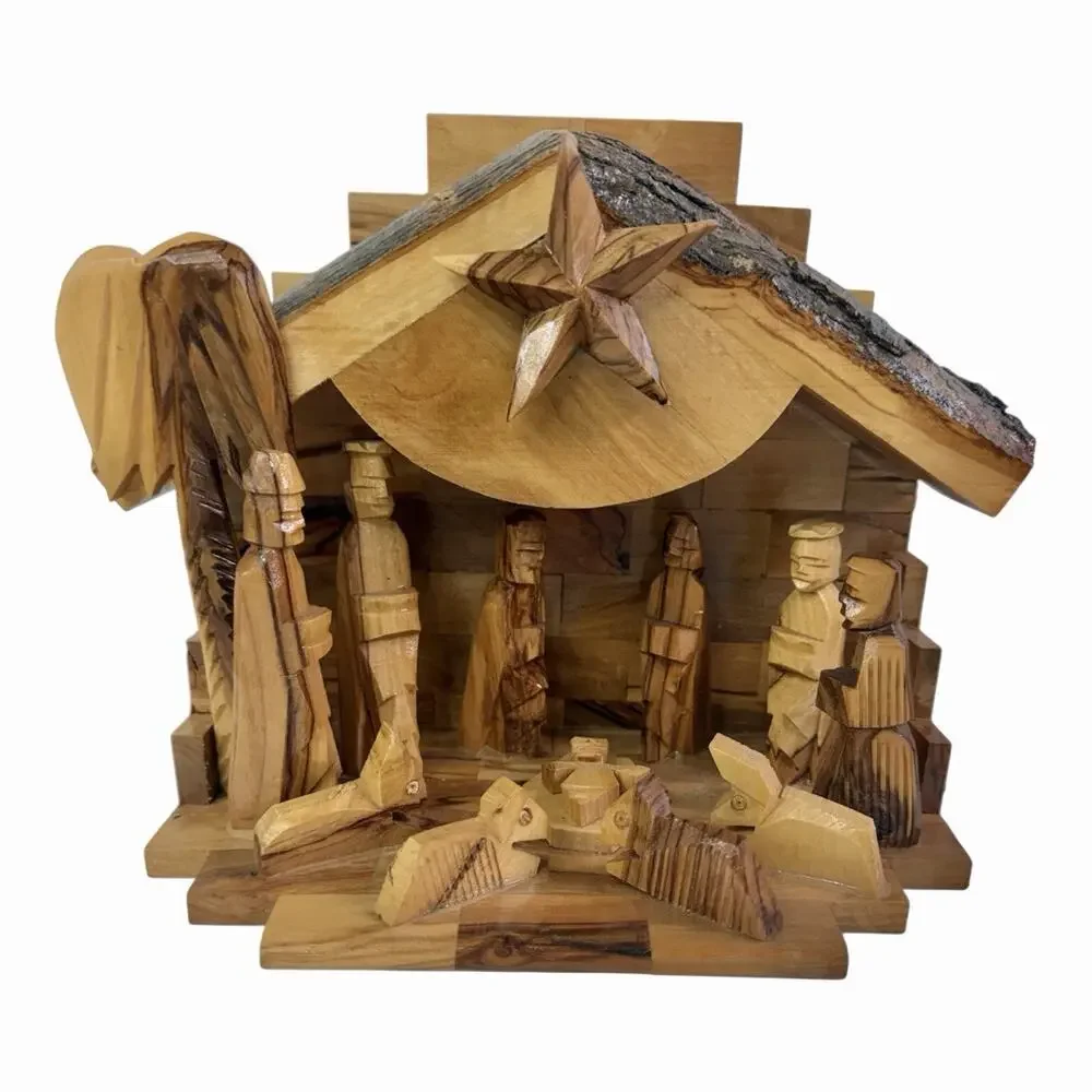 Nativity Hand Carved Olive Wood Crafted In Bethlehem MUSICAL Rotating Star